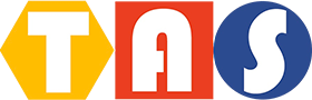 T A S logo in yellow Red and dark Blue